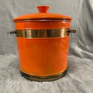 Fiesta Orange Enamel Metal Ice Bucket with Lid and Brass Accents Vintage Retro